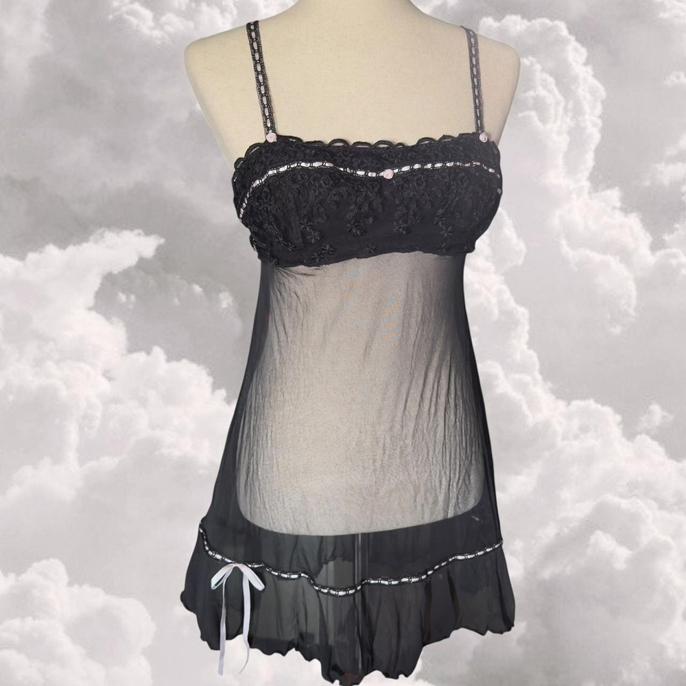 Gothic black and pink baby doll empire waist lingerie mini dress size medium